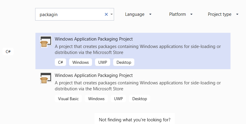 Windows application packaging project