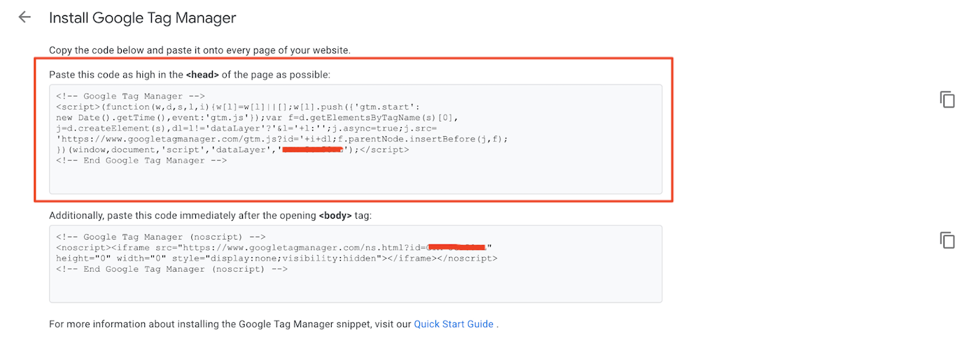 First code snippet when installing Google Tag Manager 