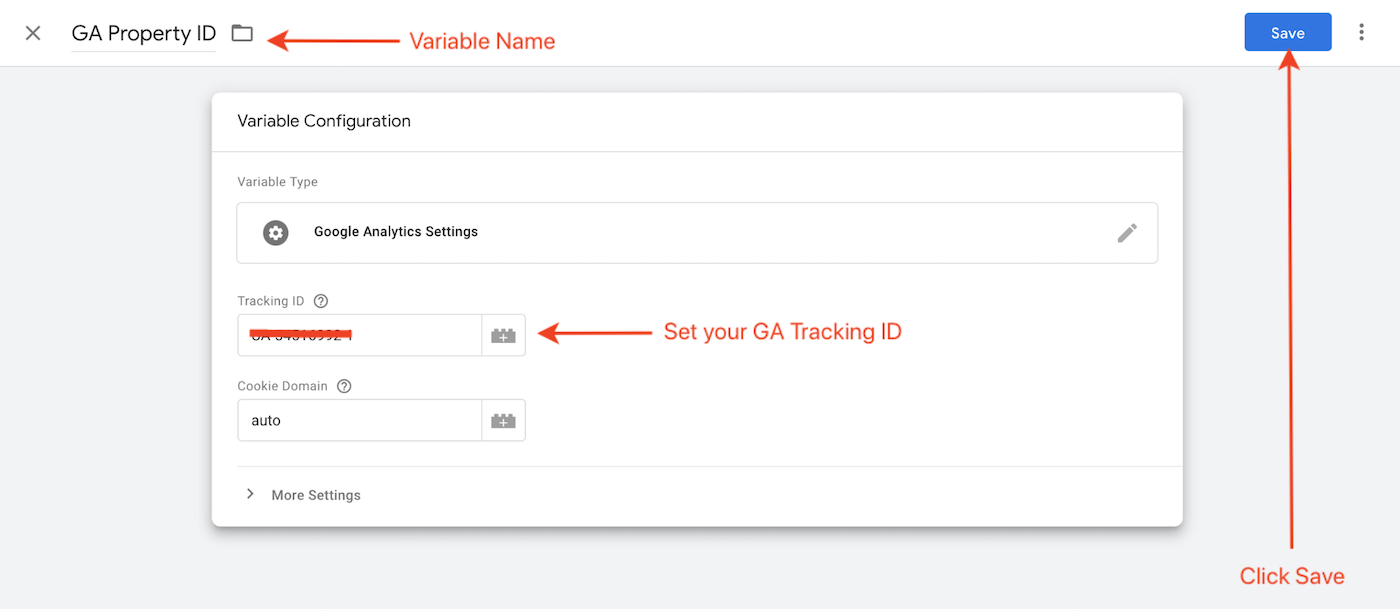 Set a Variable Name and set your GA Tracking ID