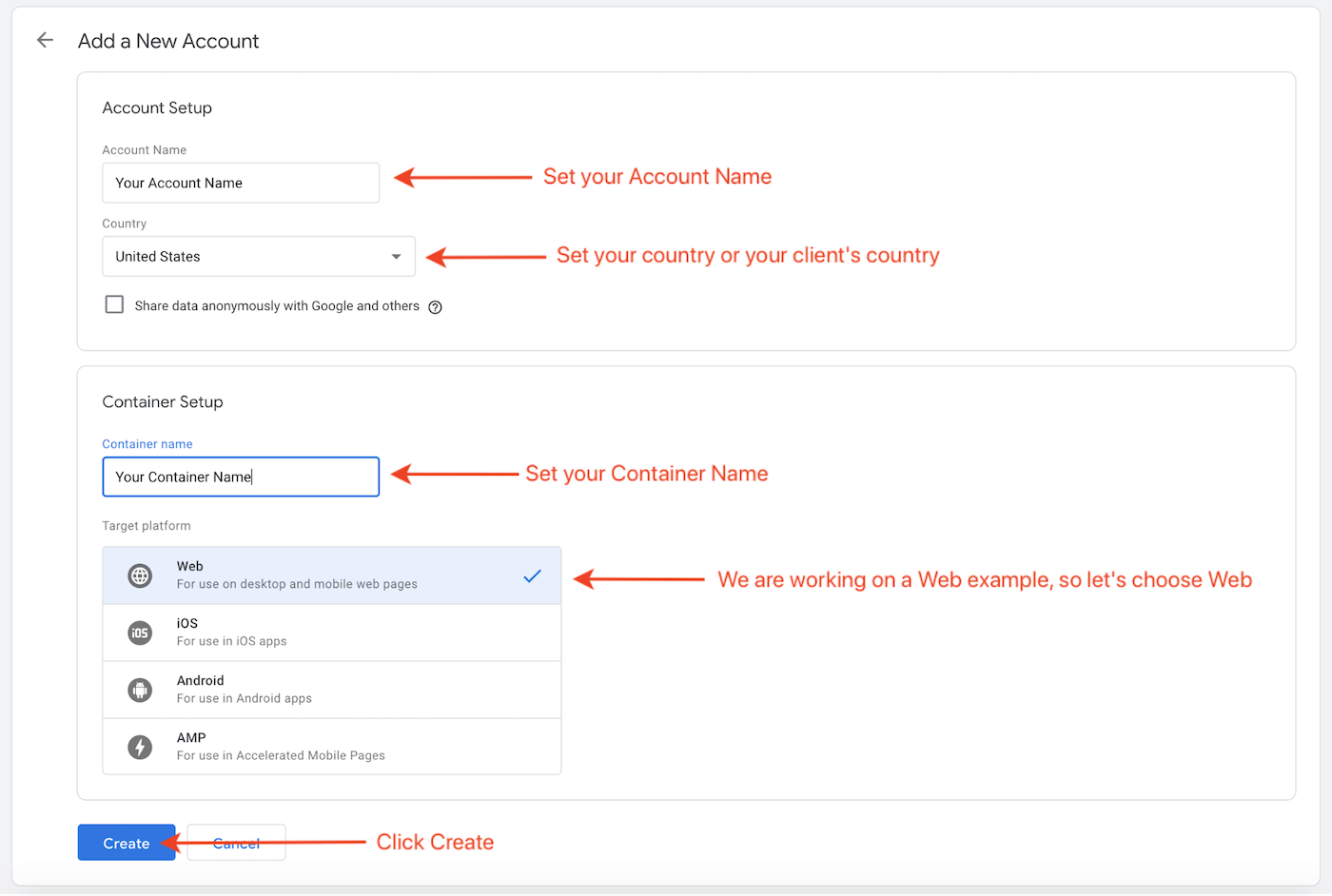 Set your Account Name, set your country or your client's country, set your Container Name, Choose Web, Click Create