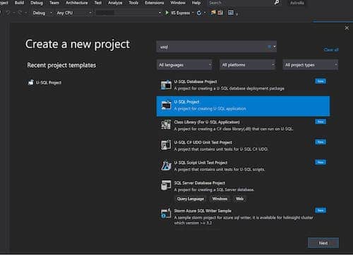 U-SQL Tutorial: Create a new project in Visual Studio 