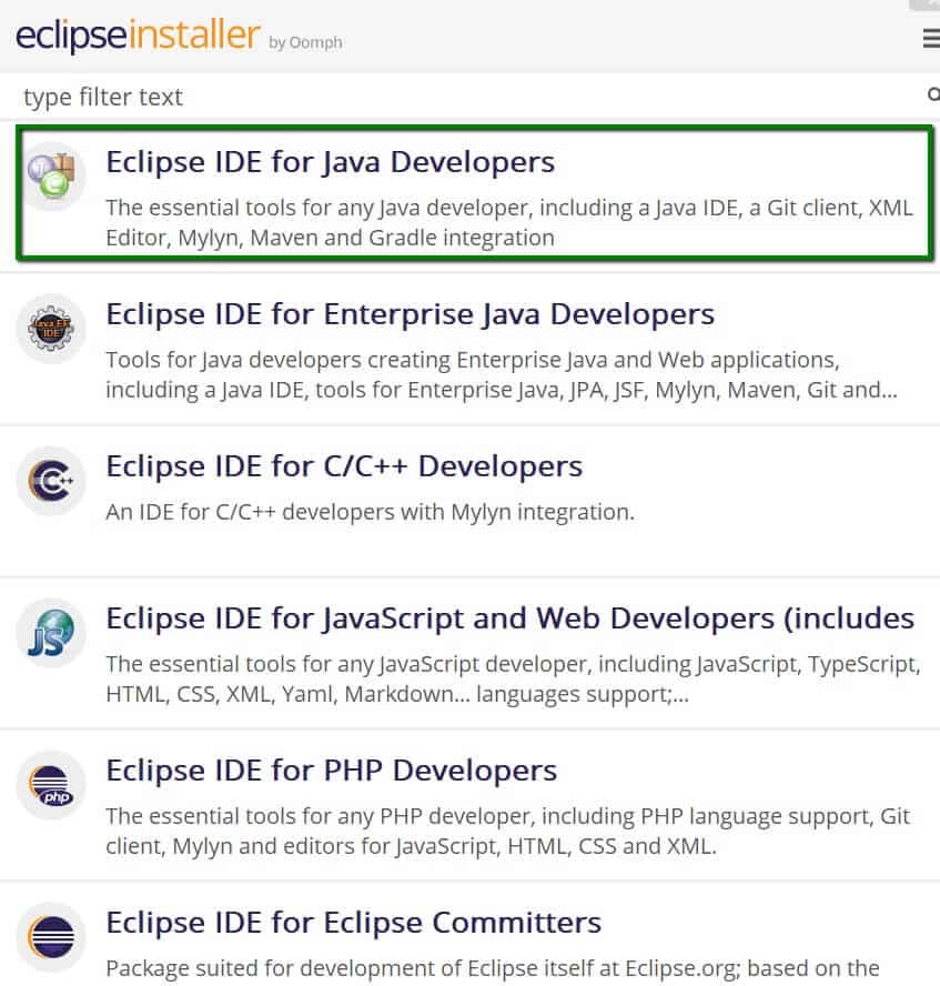 Select Eclipse IDE for Java Developers
