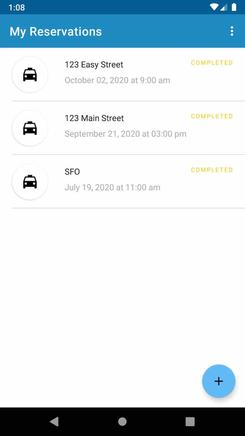 Sample Android App Taxi Reservation Screen