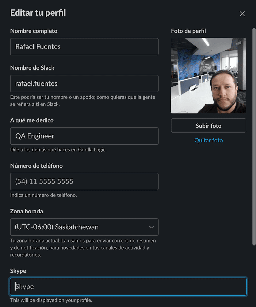 Slack profile example for a QA engineer
