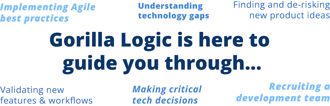 Gorilla Logic is here to guide you through Implementing Agile best practices, Understanding technology gaps, Finding and de-risking new product ideas, Validating new features & workflows, Making critical tech decisions, Recruiting a development team
