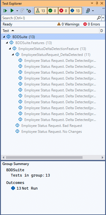 Compile your solution and go to the Test Explorer. You should see one test per each scenario in the feature file
